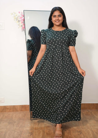 GREEN TINY LEAF | NON-FEEDING MAXI –PUFF SLEEVES | FULL LENGTH MAXI