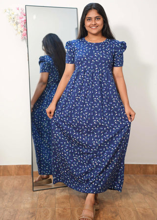 BLUE TINY FLORAL | NON-FEEDING MAXI – PUFF SLEEVES | FULL LENGTH MAXI