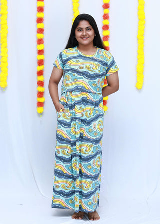 OCEAN WAVES | ZIPLESS MATERNITY MAXI-SHORT SLEEVES | ANKLE LENGTH MAXI