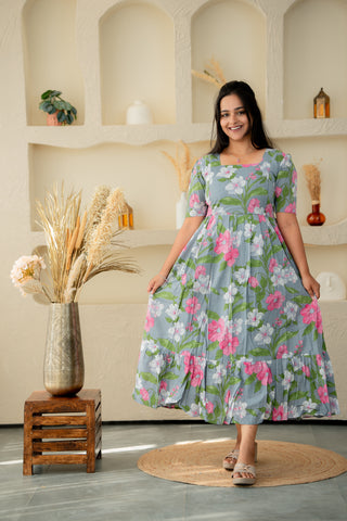WHITE PINK FLOWERS | MATERNITY COTTON MAXI ANKLE LENGTH