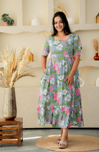 WHITE PINK FLOWERS | MATERNITY COTTON MAXI ANKLE LENGTH