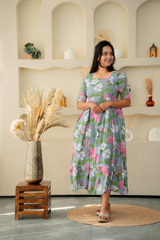 WHITE PINK FLOWERS | MATERNITY COTTON MAXI ANKLE LENGTH
