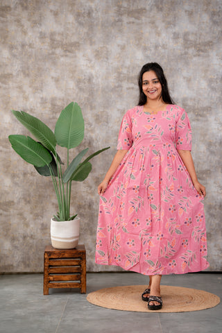 PINK DOTTED ELEGANCE | MATERNITY COTTON MAXI FULL LENGTH