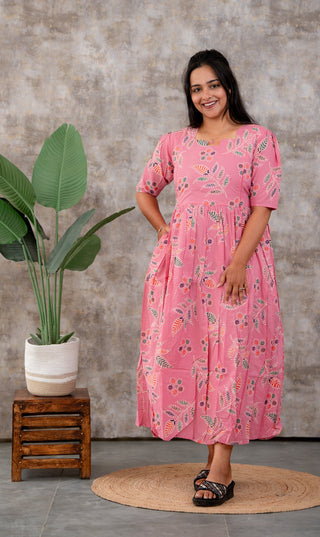 PINK DOTTED ELEGANCE | MATERNITY COTTON MAXI FULL LENGTH