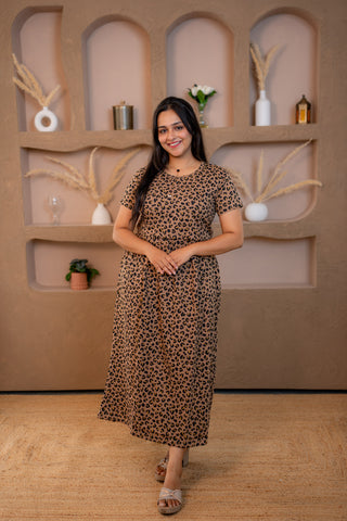 CHEETAH | ZIPLESS MATERNITY MAXI-NORMAL SLEEVES | ANKLE LENGTH MAXI
