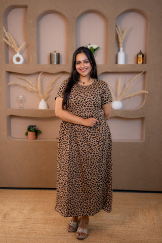 CHEETAH | ZIPLESS MATERNITY MAXI-NORMAL SLEEVES | ANKLE LENGTH MAXI