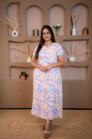MULTI HEARTS | ZIPLESS MATERNITY MAXI-NORMAL SLEEVES | ANKLE LENGTH MAXI
