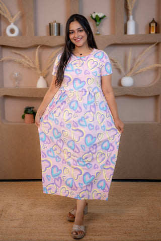 MULTI HEARTS | ZIPLESS MATERNITY MAXI-NORMAL SLEEVES | ANKLE LENGTH MAXI