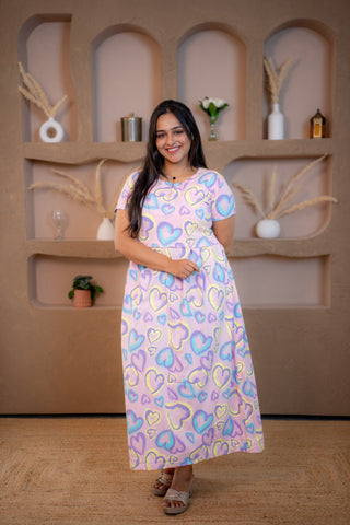 MULTI HEARTS | ZIPLESS MATERNITY MAXI-NORMAL SLEEVES | ANKLE LENGTH MAXI
