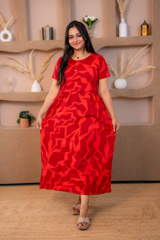CRIMSON MOSAIC | ZIPLESS MATERNITY MAXI-NORMAL SLEEVES | ANKLE LENGTH MAXI