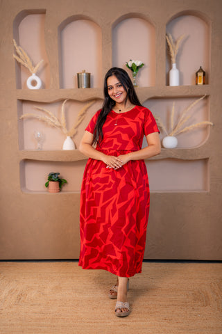 CRIMSON MOSAIC | ZIPLESS MATERNITY MAXI-NORMAL SLEEVES | ANKLE LENGTH MAXI