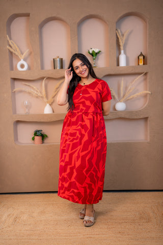 CRIMSON MOSAIC | ZIPLESS MATERNITY MAXI-NORMAL SLEEVES | ANKLE LENGTH MAXI