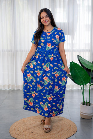 BLUE BEACH | ZIPLESS MATERNITY MAXI-NORMAL SLEEVES | FULL LENGTH MAXI