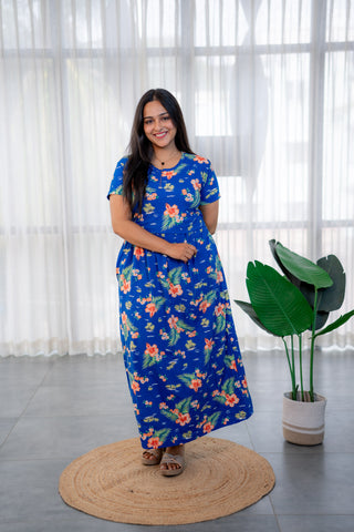 BLUE BEACH | ZIPLESS MATERNITY MAXI-NORMAL SLEEVES | FULL LENGTH MAXI