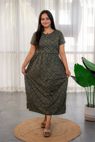 WILLOW GRID | ZIPLESS MATERNITY MAXI-NORMAL SLEEVES | ANKLE LENGTH MAXI