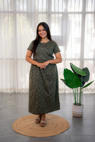 WILLOW GRID | ZIPLESS MATERNITY MAXI-NORMAL SLEEVES | ANKLE LENGTH MAXI