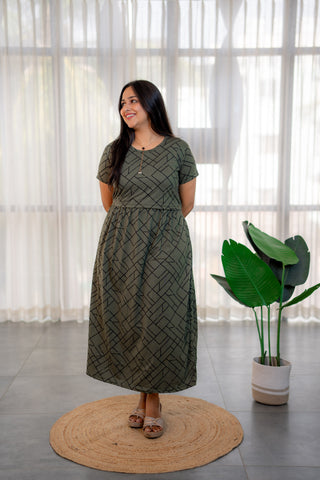 WILLOW GRID | ZIPLESS MATERNITY MAXI-NORMAL SLEEVES | ANKLE LENGTH MAXI