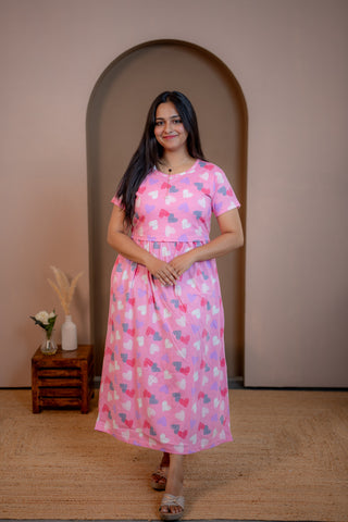 COLOURFUL HEARTS | ZIPLESS MATERNITY MAXI-NORMAL SLEEVES | ANKLE LENGTH MAXI