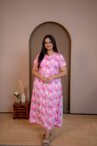 COLOURFUL HEARTS | ZIPLESS MATERNITY MAXI-NORMAL SLEEVES | ANKLE LENGTH MAXI