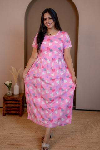 COLOURFUL HEARTS | ZIPLESS MATERNITY MAXI-NORMAL SLEEVES | ANKLE LENGTH MAXI