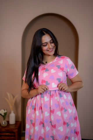 COLOURFUL HEARTS | ZIPLESS MATERNITY MAXI-NORMAL SLEEVES | ANKLE LENGTH MAXI