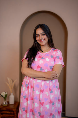 COLOURFUL HEARTS | ZIPLESS MATERNITY MAXI-NORMAL SLEEVES | ANKLE LENGTH MAXI