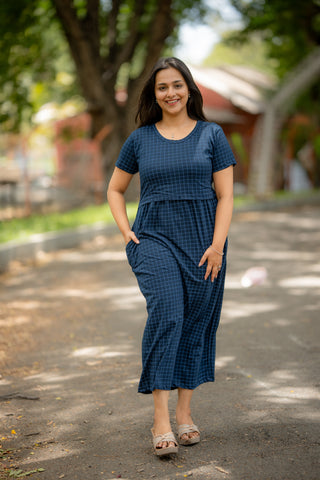 CHECKS | ZIPLESS MATERNITY MAXI-NORMAL SLEEVES | ANKLE LENGTH MAXI