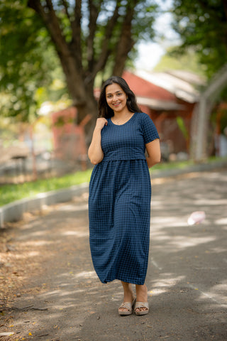 CHECKS | ZIPLESS MATERNITY MAXI-NORMAL SLEEVES | ANKLE LENGTH MAXI