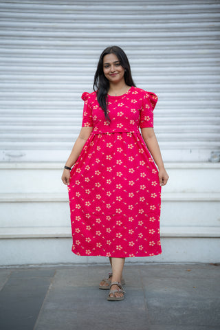 DAISY | ZIPLESS MATERNITY MAXI-PUFF SLEEVES | CALF LENGTH MAXI