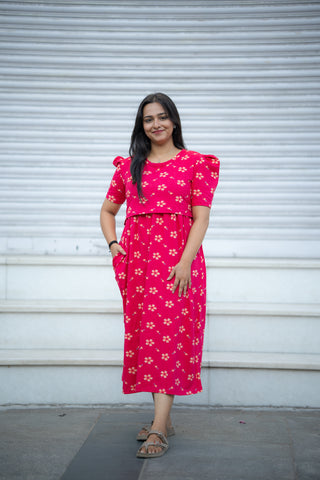 DAISY | ZIPLESS MATERNITY MAXI-PUFF SLEEVES | CALF LENGTH MAXI
