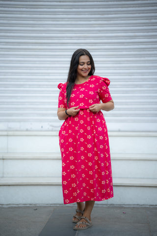 DAISY | ZIPLESS MATERNITY MAXI-PUFF SLEEVES | CALF LENGTH MAXI