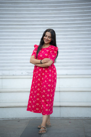 DAISY | ZIPLESS MATERNITY MAXI-PUFF SLEEVES | CALF LENGTH MAXI