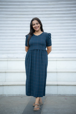 WIDE CHECKS | ZIPLESS MATERNITY MAXI-PUFF SLEEVES | ANKLE LENGTH MAXI
