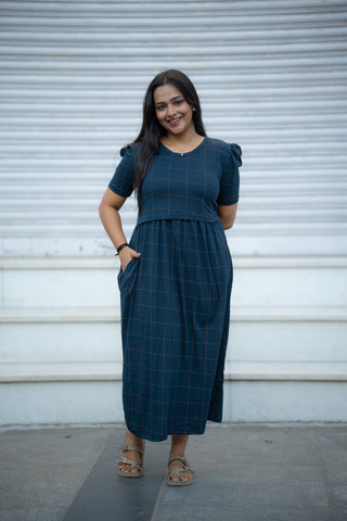 WIDE CHECKS | ZIPLESS MATERNITY MAXI-PUFF SLEEVES | ANKLE LENGTH MAXI