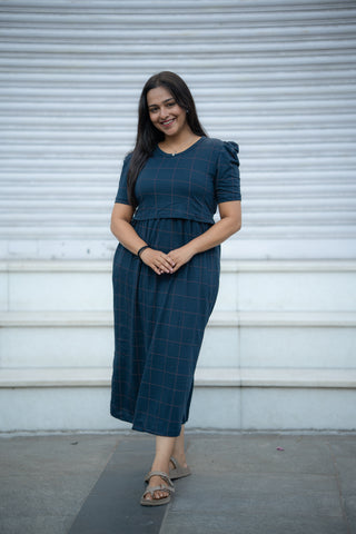WIDE CHECKS | ZIPLESS MATERNITY MAXI-PUFF SLEEVES | ANKLE LENGTH MAXI
