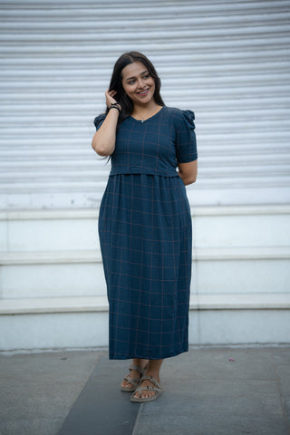 WIDE CHECKS | ZIPLESS MATERNITY MAXI-PUFF SLEEVES | ANKLE LENGTH MAXI