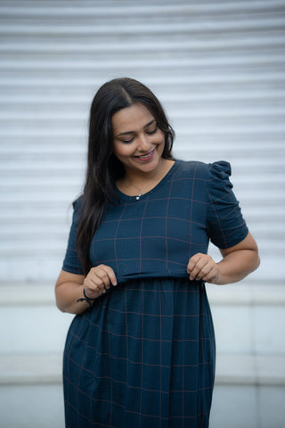 WIDE CHECKS | ZIPLESS MATERNITY MAXI-PUFF SLEEVES | ANKLE LENGTH MAXI