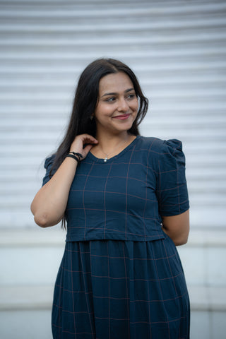 WIDE CHECKS | ZIPLESS MATERNITY MAXI-PUFF SLEEVES | ANKLE LENGTH MAXI