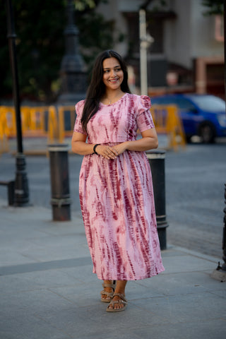 STRIPES | ZIPLESS MATERNITY MAXI-PUFF SLEEVES | ANKLE LENGTH MAXI