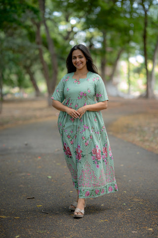 PISTACHIO GATHERED FLORA | MATERNITY MAXI FULL LENGTH