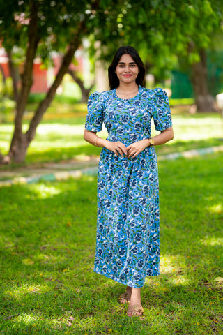BLUE GARDEN | ZIPLESS MATERNITY MAXI-PUFF SLEEVES | FULL LENGTH MAXI