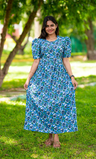 BLUE GARDEN | ZIPLESS MATERNITY MAXI-PUFF SLEEVES | FULL LENGTH MAXI
