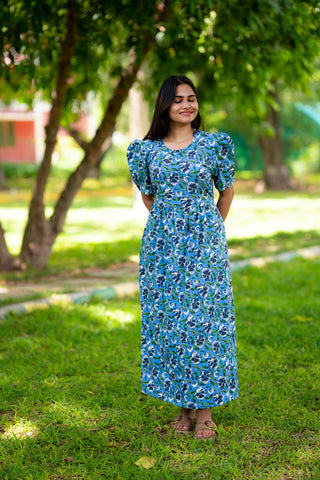 BLUE GARDEN | ZIPLESS MATERNITY MAXI-PUFF SLEEVES | FULL LENGTH MAXI