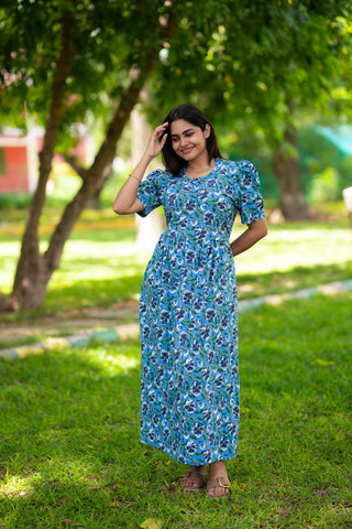 BLUE GARDEN | ZIPLESS MATERNITY MAXI-PUFF SLEEVES | FULL LENGTH MAXI