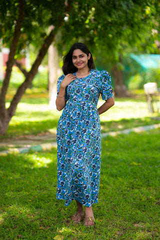 BLUE GARDEN | ZIPLESS MATERNITY MAXI-PUFF SLEEVES | FULL LENGTH MAXI