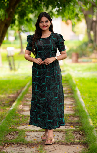 GREEN SPIRAL | ZIPLESS MATERNITY MAXI-PUFF SLEEVES | FULL LENGTH MAXI