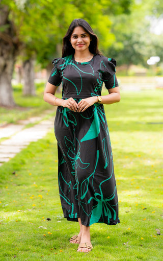 GRREN FLORA | ZIPLESS MATERNITY MAXI-PUFF SLEEVES | FULL LENGTH MAXI