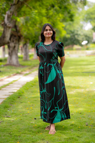 GRREN FLORA | ZIPLESS MATERNITY MAXI-PUFF SLEEVES | FULL LENGTH MAXI