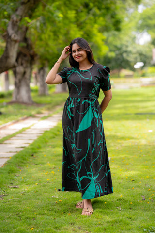 GRREN FLORA | ZIPLESS MATERNITY MAXI-PUFF SLEEVES | FULL LENGTH MAXI