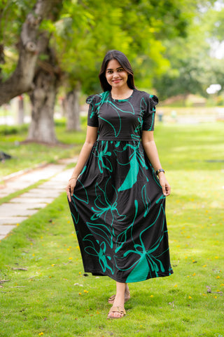 GRREN FLORA | ZIPLESS MATERNITY MAXI-PUFF SLEEVES | FULL LENGTH MAXI